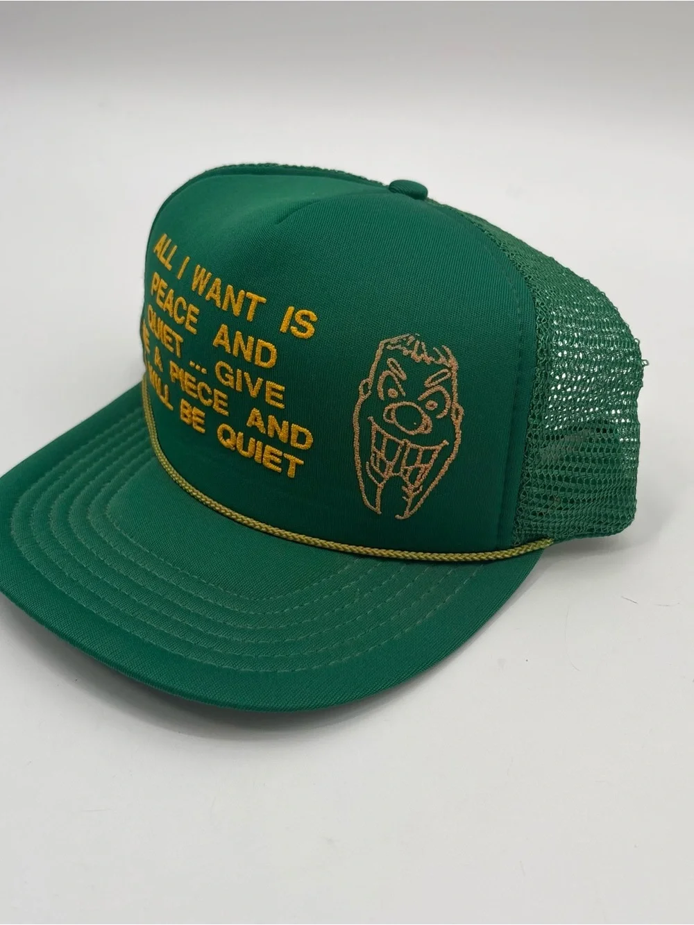 Green Mesh Trucker Hat with Yellow Embroidered Slogan - Unbranded